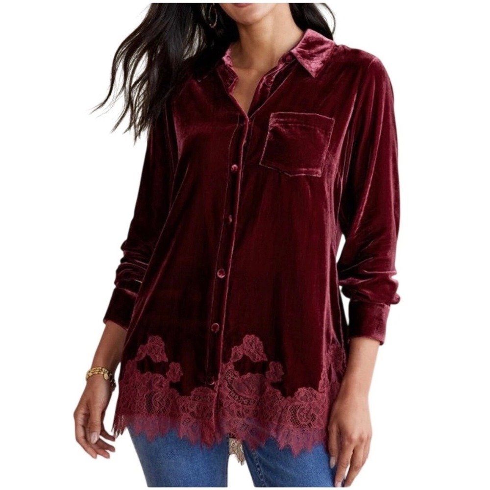 Soft Surroundings Eden Shirt Burgundy Wine Velvet Lace Trim Women L Button Down‎